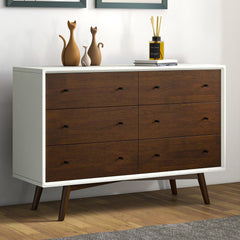 Mid Century Modern White Dresser 6 Drawer Storage Solution in Solid Wood, Dark Brown and White 33.1"H x 47.2"W x 15.7"D for Bedroom, Hallway, Entryway, Closet