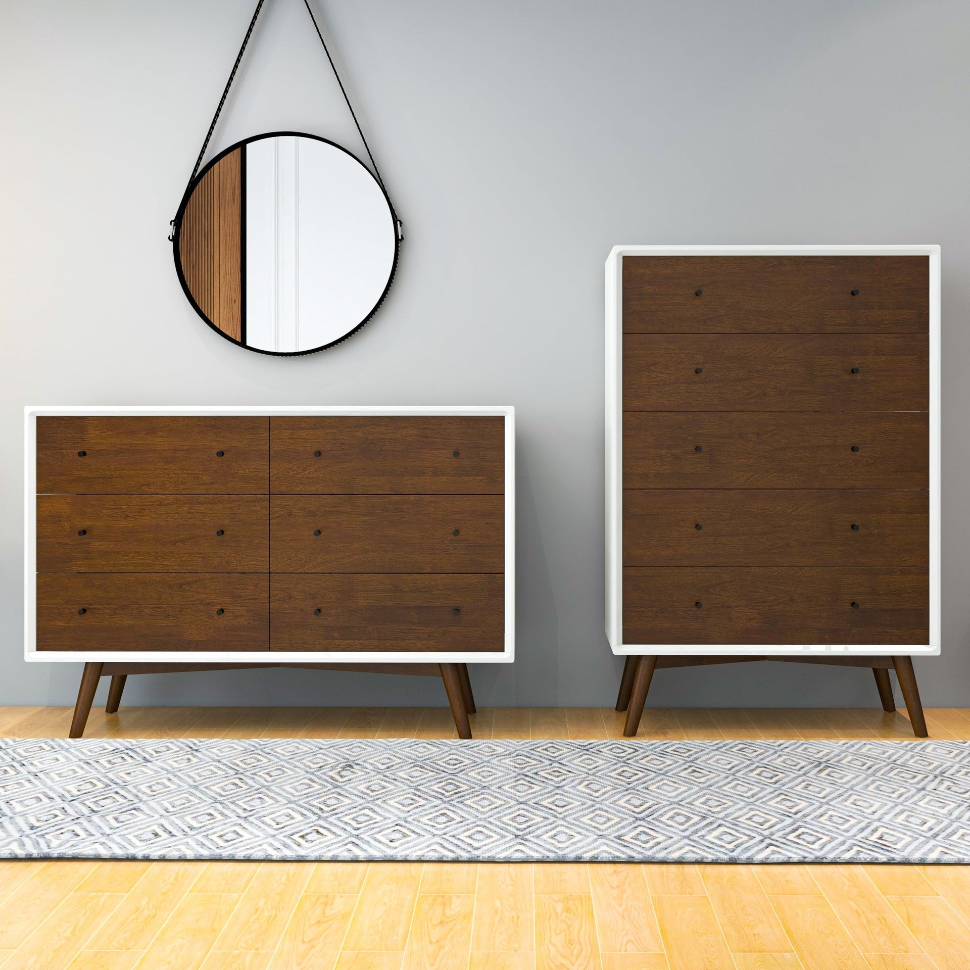 Mid Century Modern White Dresser 6 Drawer Storage Solution in Solid Wood, Dark Brown and White 33.1"H x 47.2"W x 15.7"D for Bedroom, Hallway, Entryway, Closet