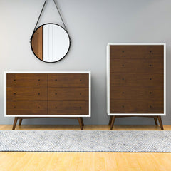 Mid Century Modern White Dresser 6 Drawer Storage Solution in Solid Wood, Dark Brown and White 33.1"H x 47.2"W x 15.7"D for Bedroom, Hallway, Entryway, Closet