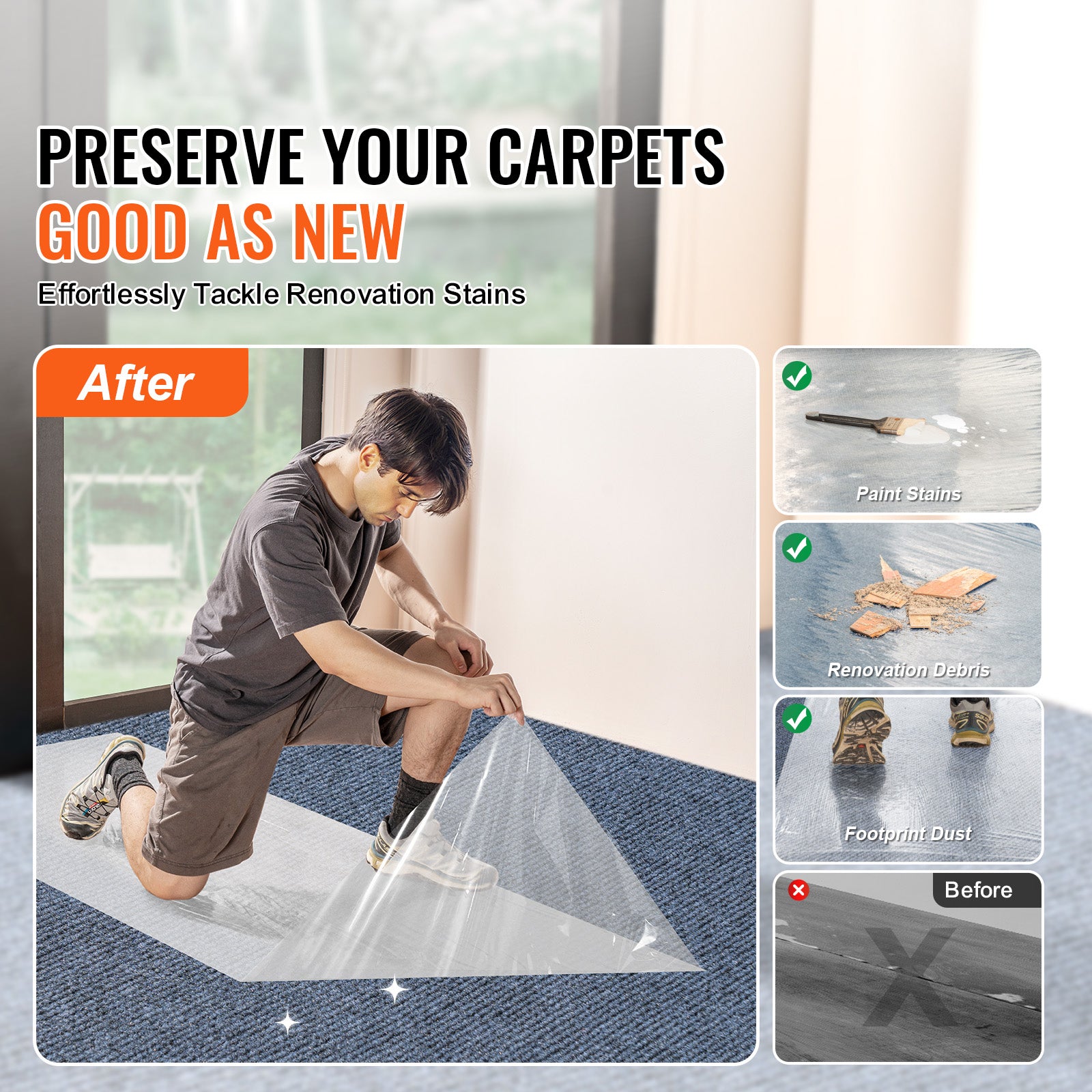 Carpet Protection Film, 36" x 200' Floor and Surface Shield with Self Adhesive Backing & Easy Installation, Polyethylene Adhesive Car Mat Protector Roll for Construction & Renovation