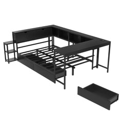 Corner Bed Frame Twin Size with Bookcase and 2 Underbed Storage Drawers, Modern Bed with LED Light and Charging Station, Left and right interchangeable, Black