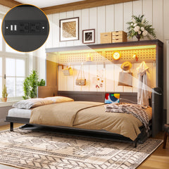 Queen Size Murphy Bed with a desk, USB Charging Station,LED Lights,Dark Gray