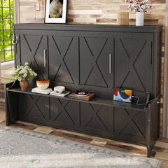 Queen Size Murphy Bed with a desk, USB Charging Station,LED Lights,Dark Gray