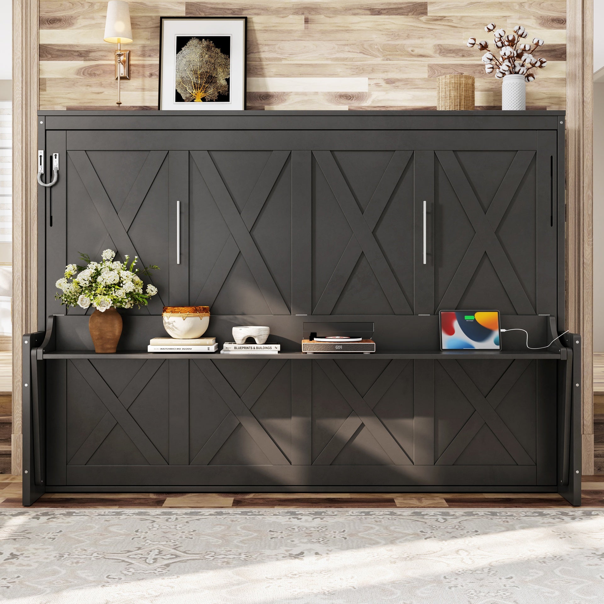 Queen Size Murphy Bed with a desk, USB Charging Station,LED Lights,Dark Gray