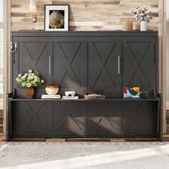 Queen Size Murphy Bed with a desk, USB Charging Station,LED Lights,Dark Gray