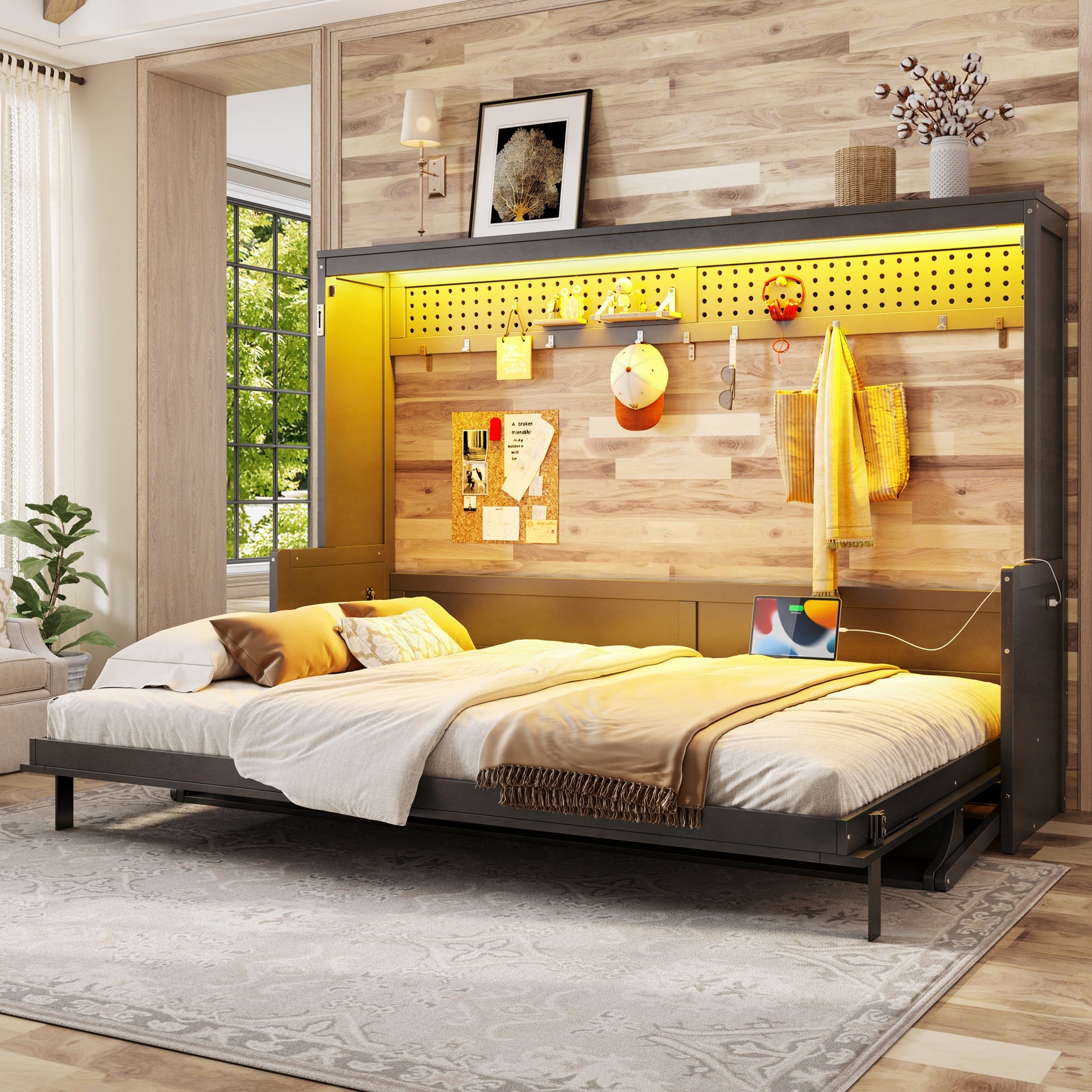 Queen Size Murphy Bed with a desk, USB Charging Station,LED Lights,Dark Gray