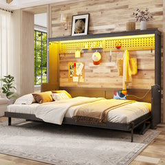 Queen Size Murphy Bed with a desk, USB Charging Station,LED Lights,Dark Gray