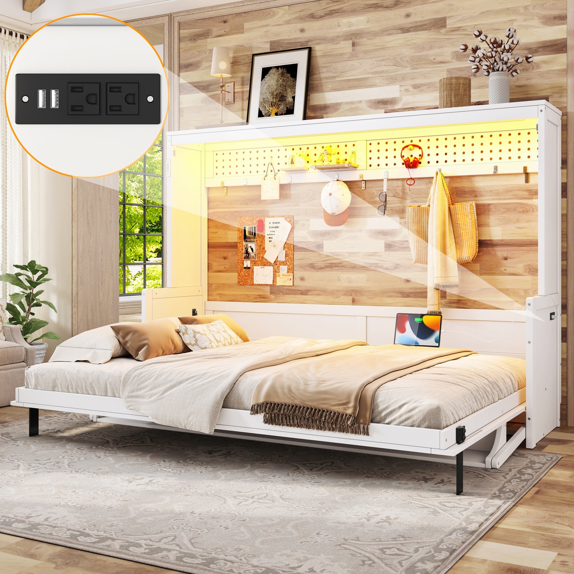 Queen Size Murphy Bed with a desk, USB Charging Station,LED Lights,White