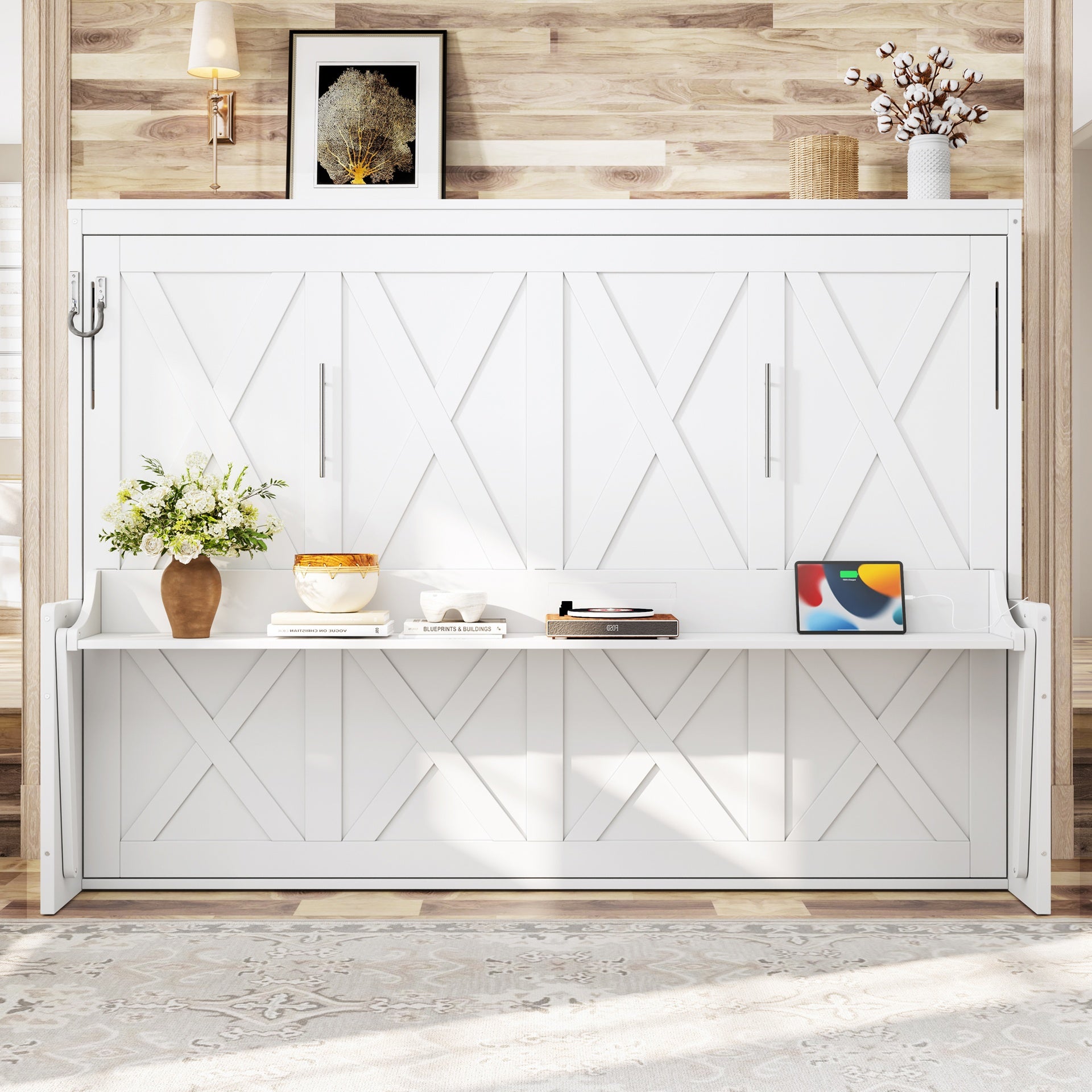 Queen Size Murphy Bed with a desk, USB Charging Station,LED Lights,White