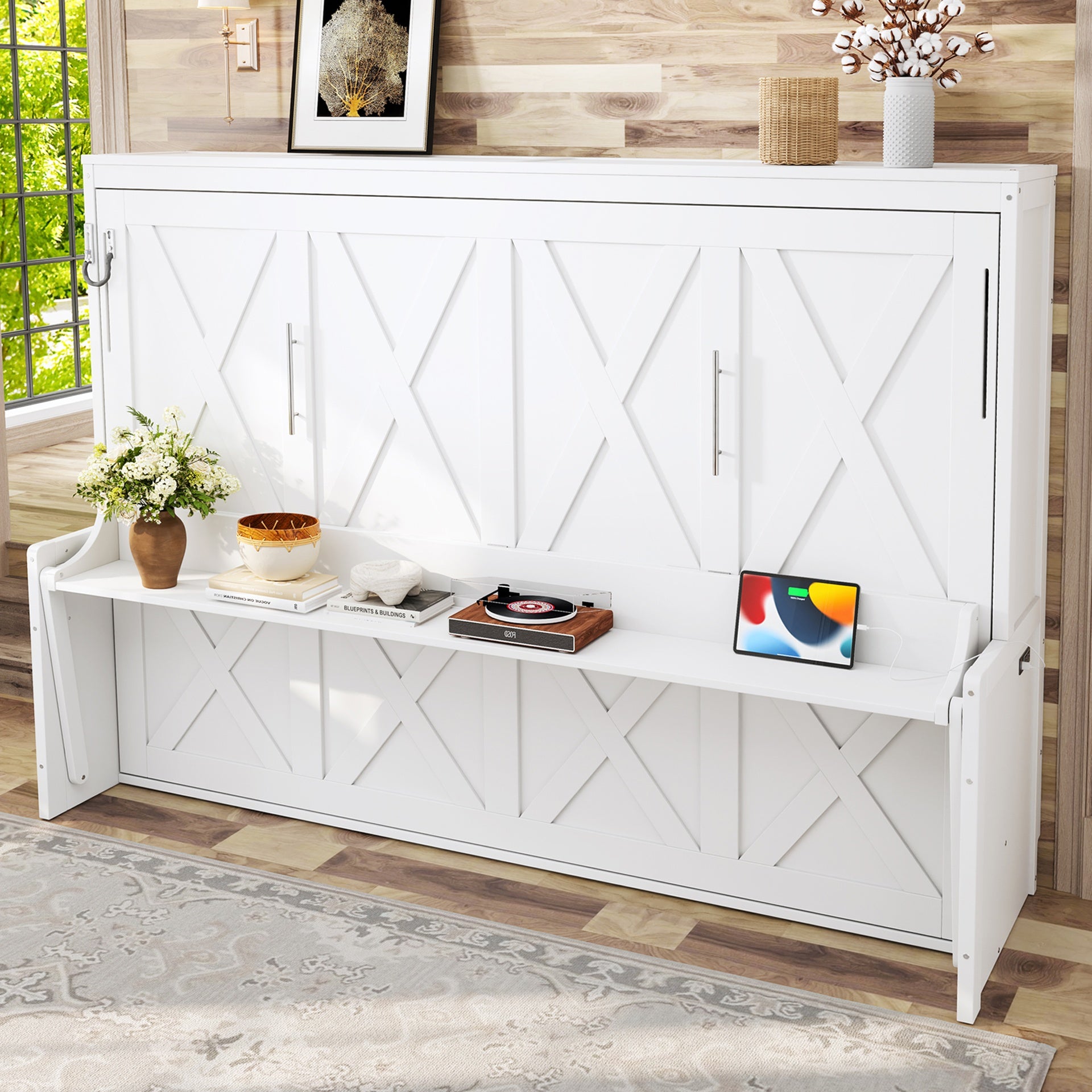 Queen Size Murphy Bed with a desk, USB Charging Station,LED Lights,White