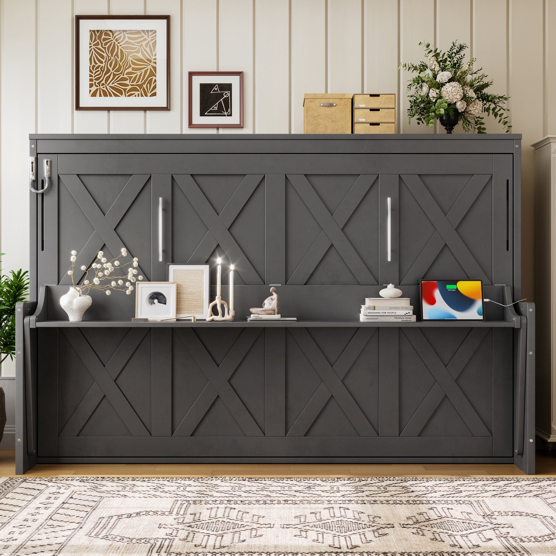 Full Size Murphy Bed with a desk, USB Charging Station,LED Lights,Dark Gray