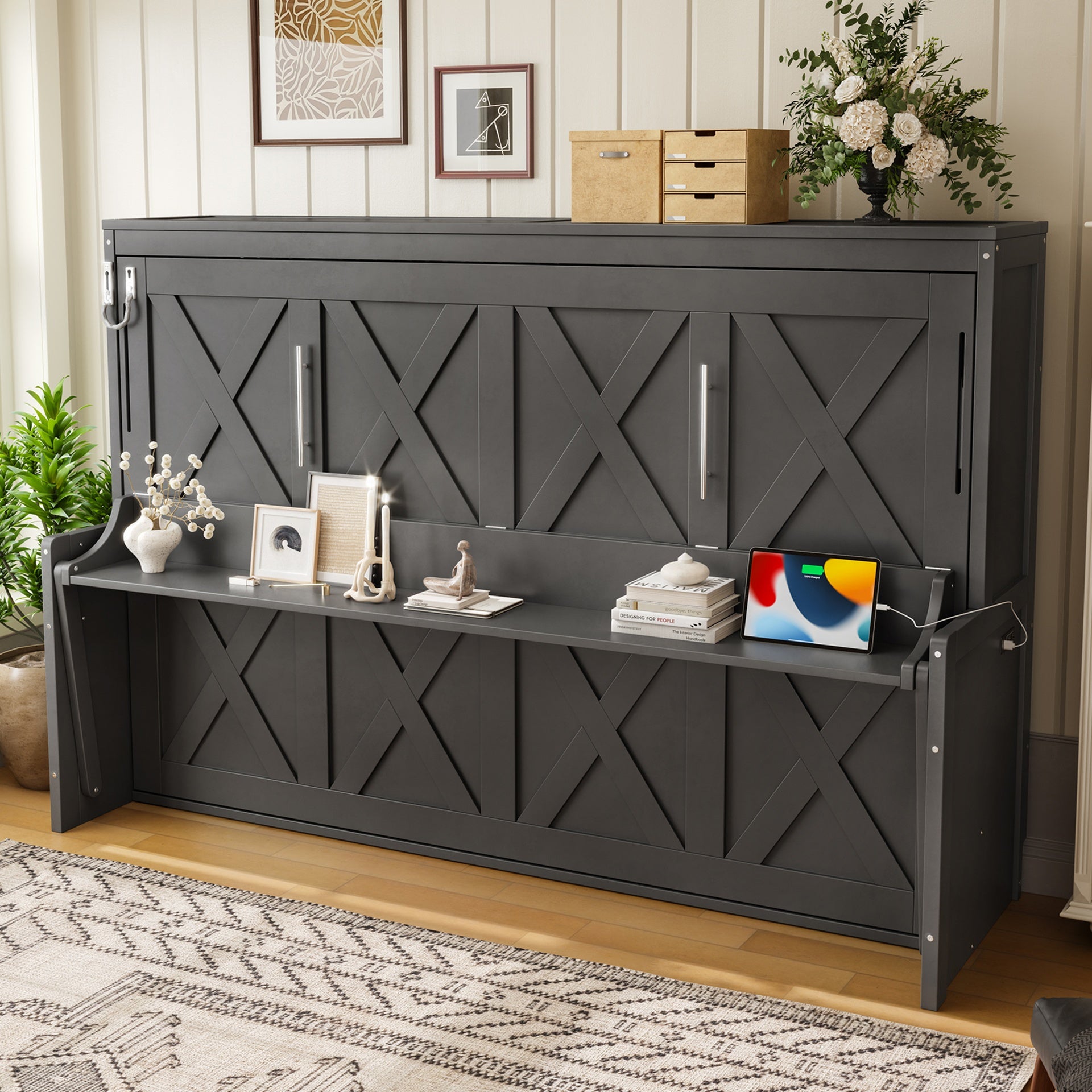 Full Size Murphy Bed with a desk, USB Charging Station,LED Lights,Dark Gray