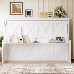Full Size Murphy Bed with a desk, USB Charging Station,LED Lights ,White
