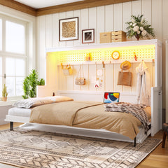 Full Size Murphy Bed with a desk, USB Charging Station,LED Lights ,White
