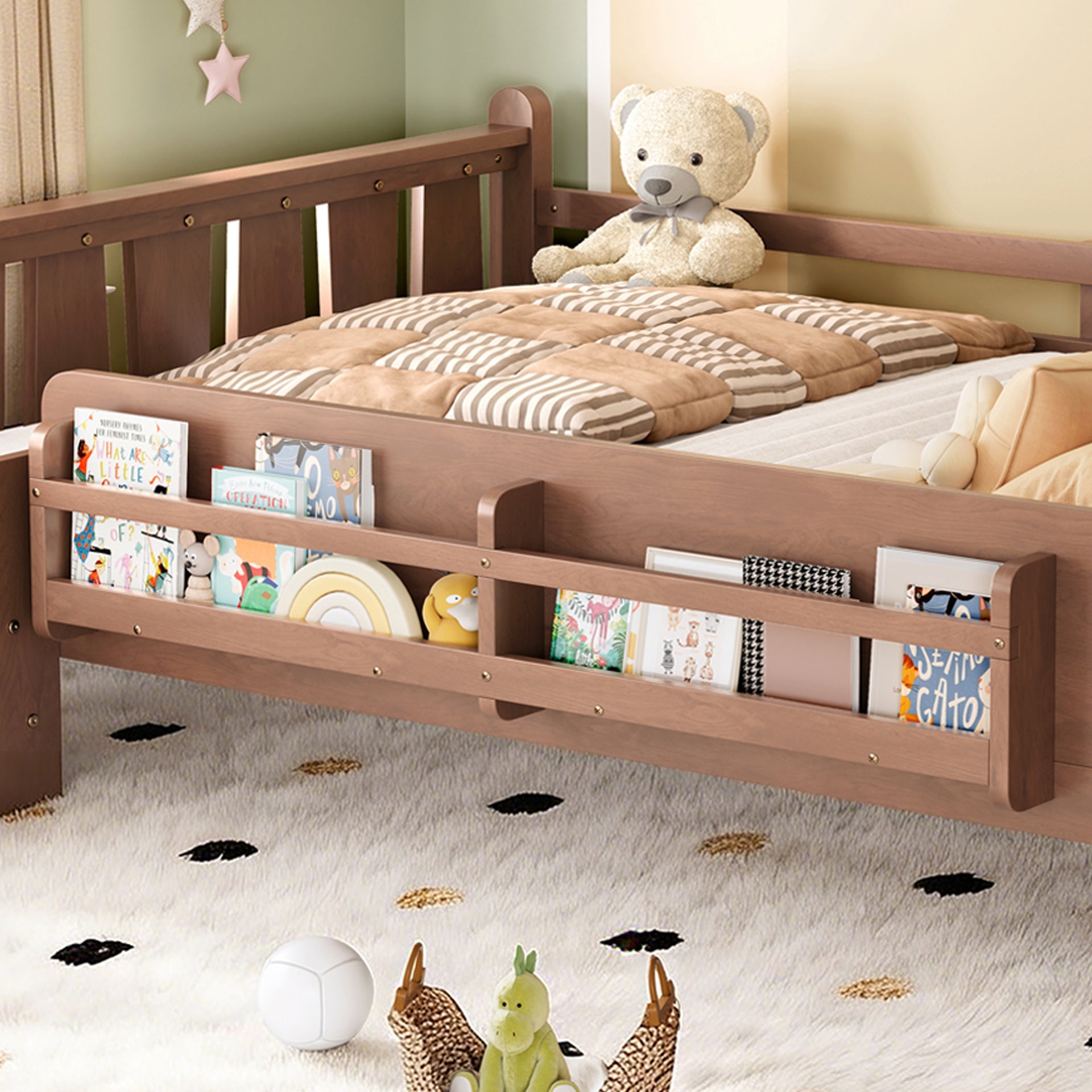 Full Size Floor Bed with Storage Bookcases, Solid Wood Kids Floor Bed with Cute Stairs and Guardrails, No Box Spring Needed, Natural