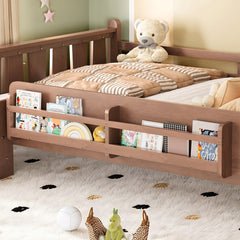 Full Size Floor Bed with Storage Bookcases, Solid Wood Kids Floor Bed with Cute Stairs and Guardrails, No Box Spring Needed, Natural