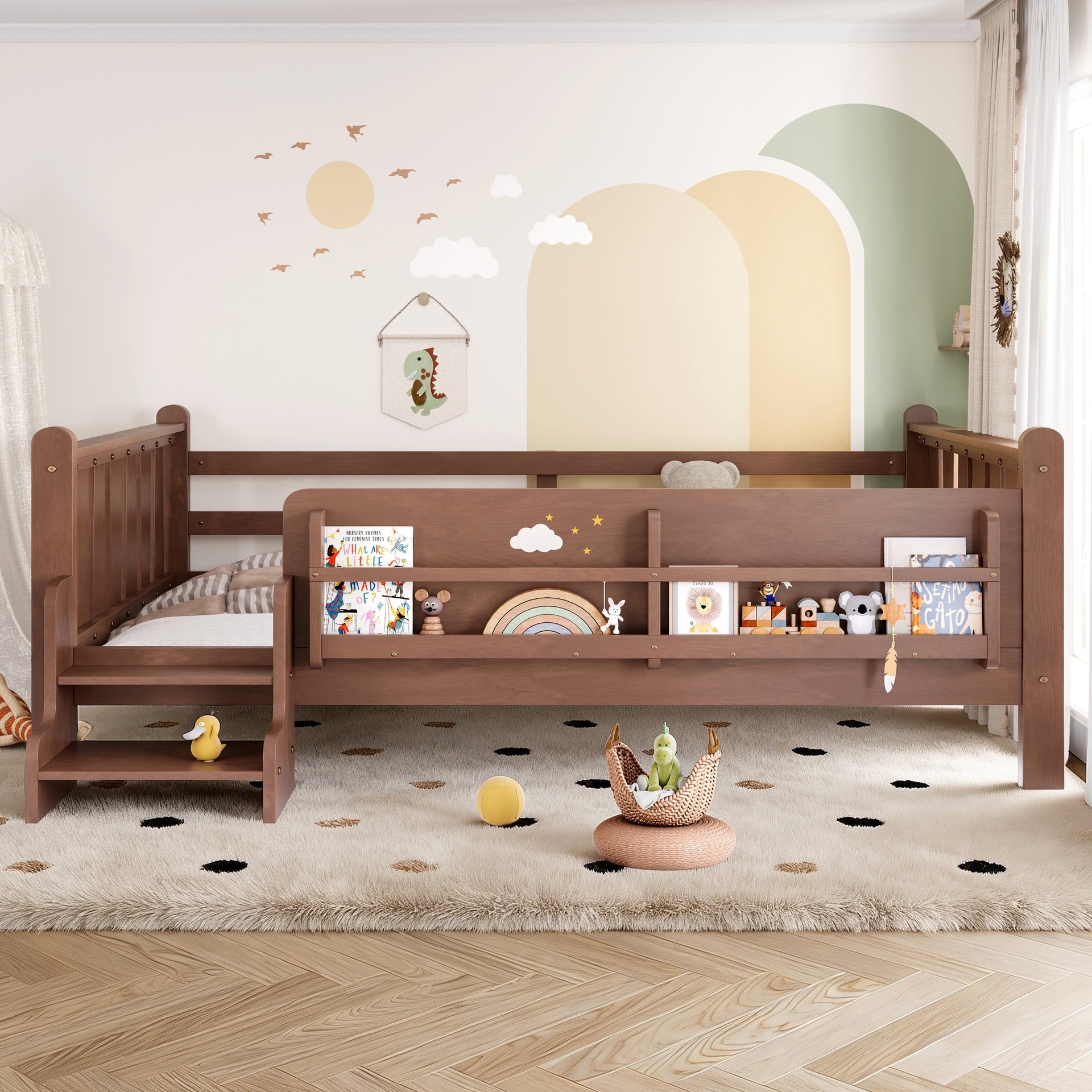 Full Size Floor Bed with Storage Bookcases, Solid Wood Kids Floor Bed with Cute Stairs and Guardrails, No Box Spring Needed, Natural