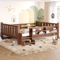 Full Size Floor Bed with Storage Bookcases, Solid Wood Kids Floor Bed with Cute Stairs and Guardrails, No Box Spring Needed, Natural