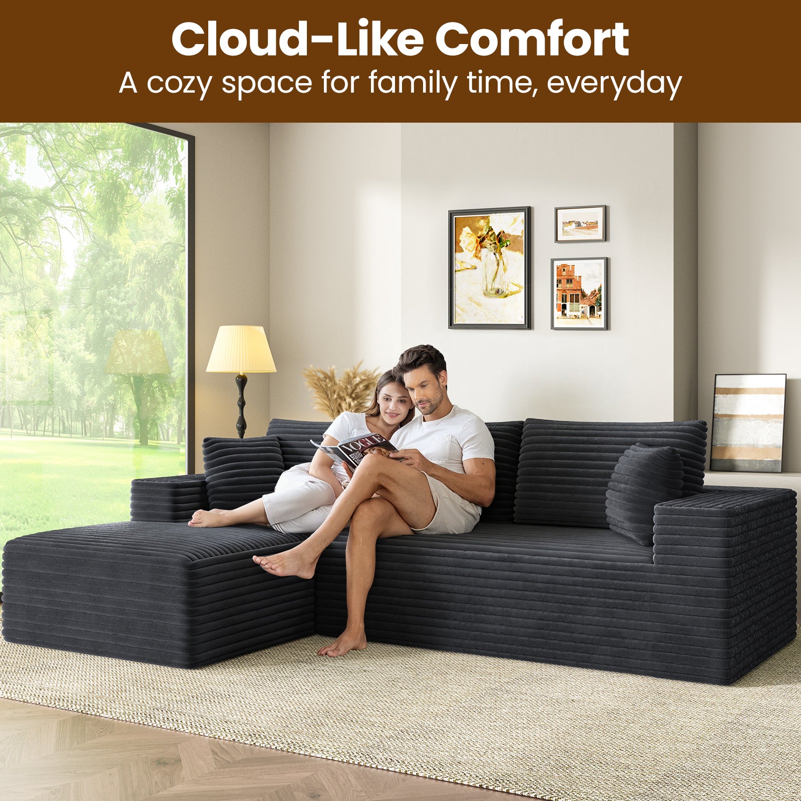 Aurora Luxe Velvet 3-Seater Black Sofa Sectional Space-Saving Vacuum Packed Design, Easy Setup