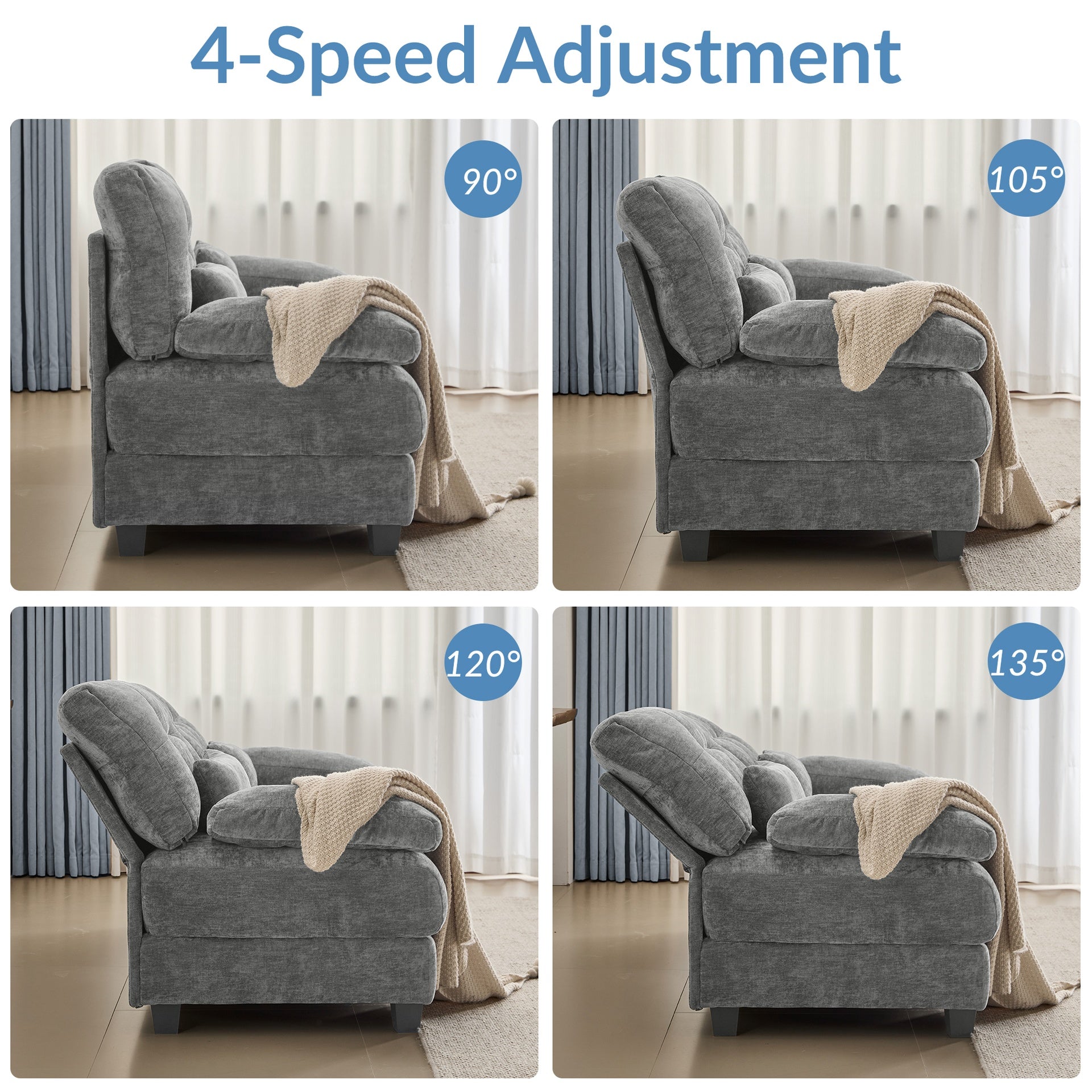 93" 3+1 Seater Sofa with Ottoman - 4-Position Adjustable Backrest, 350lb/Seat, Soft Chenille Fabric, 3 Throw Pillows, Easy Assembly