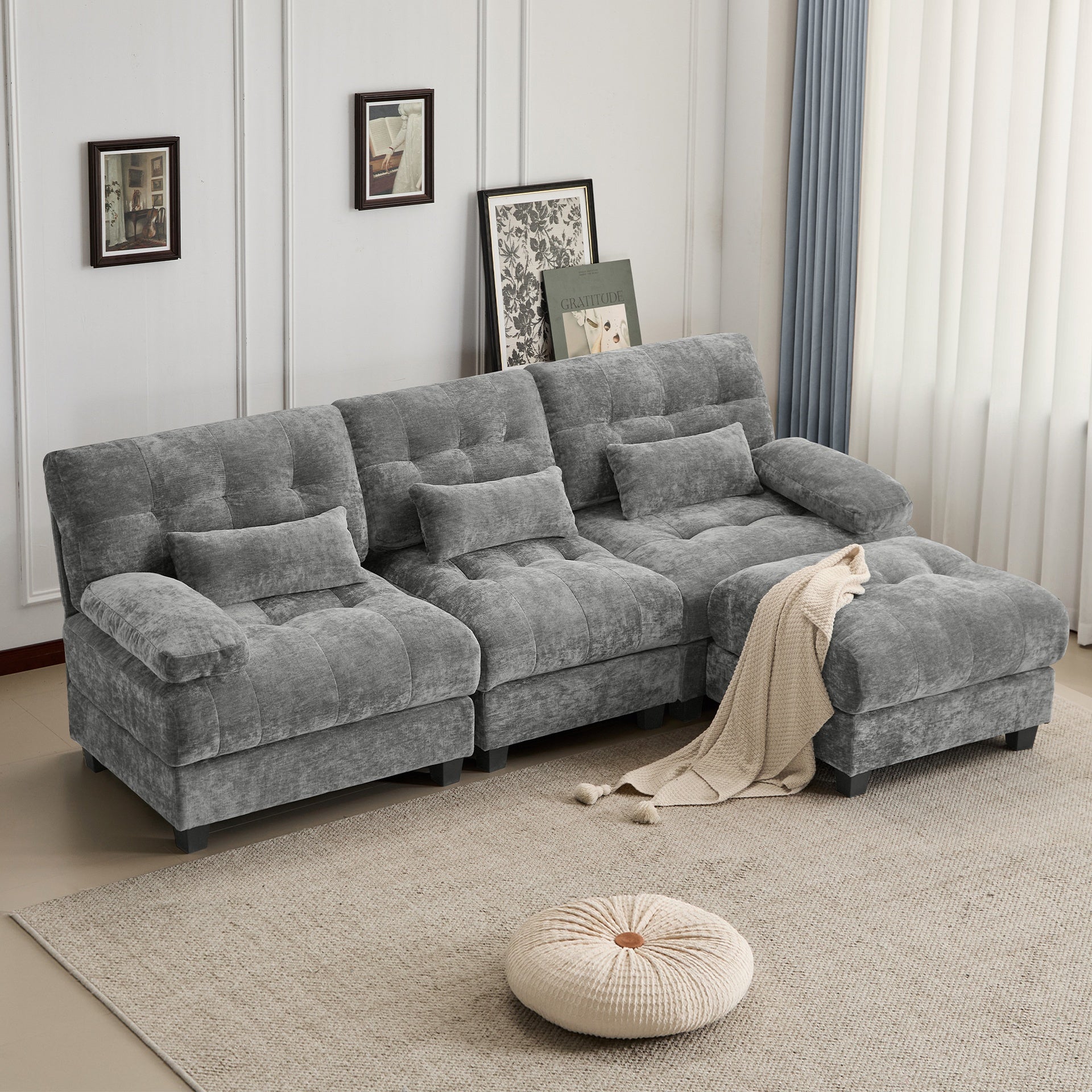93" 3+1 Seater Sofa with Ottoman - 4-Position Adjustable Backrest, 350lb/Seat, Soft Chenille Fabric, 3 Throw Pillows, Easy Assembly