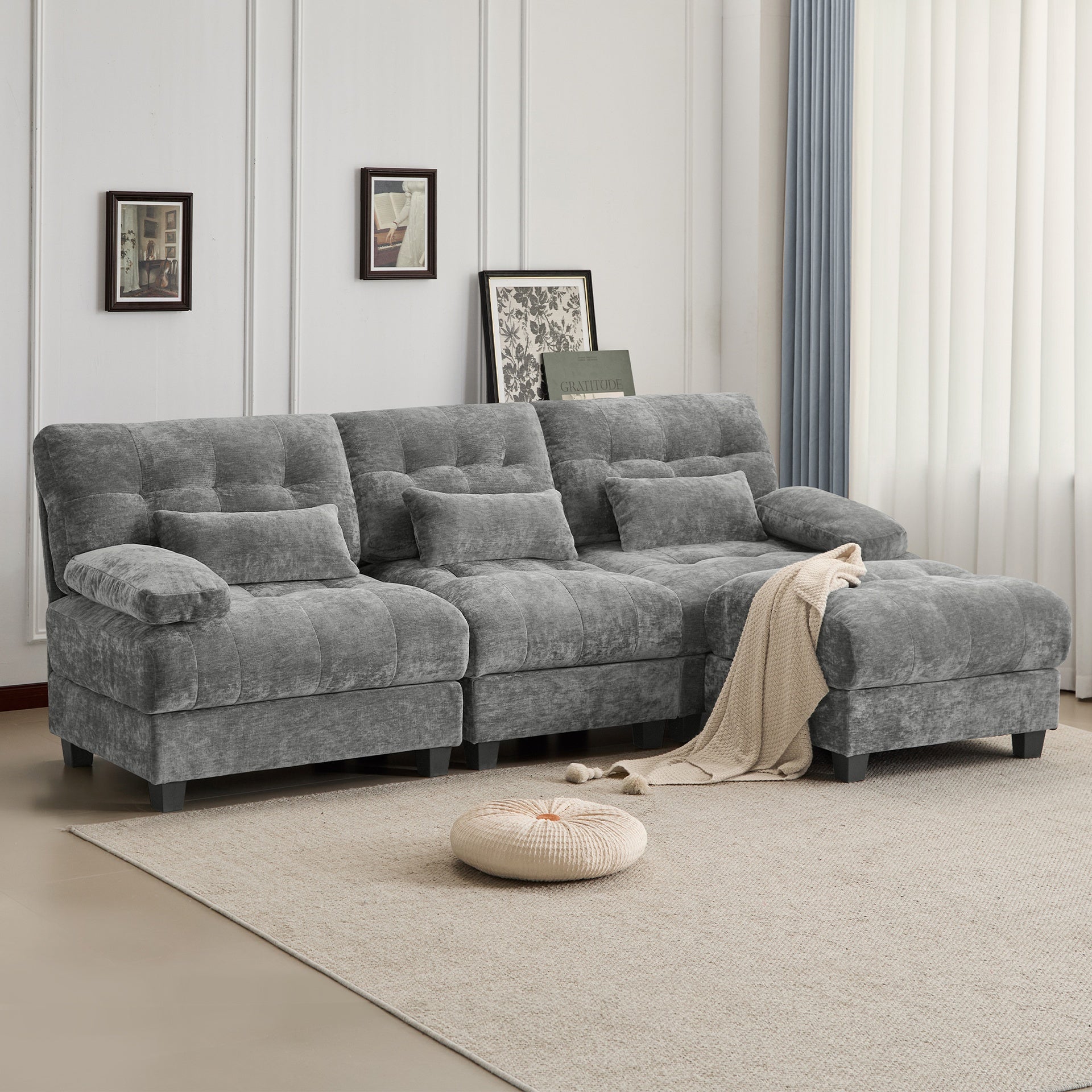 93" 3+1 Seater Sofa with Ottoman - 4-Position Adjustable Backrest, 350lb/Seat, Soft Chenille Fabric, 3 Throw Pillows, Easy Assembly