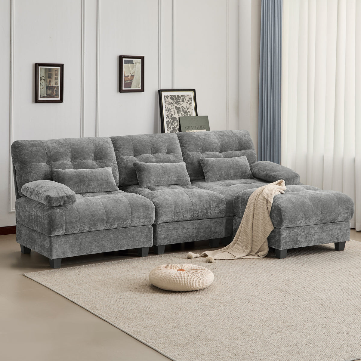 93" 3+1 Seater Sofa with Ottoman - 4-Position Adjustable Backrest, 350lb/Seat, Soft Chenille Fabric, 3 Throw Pillows, Easy Assembly