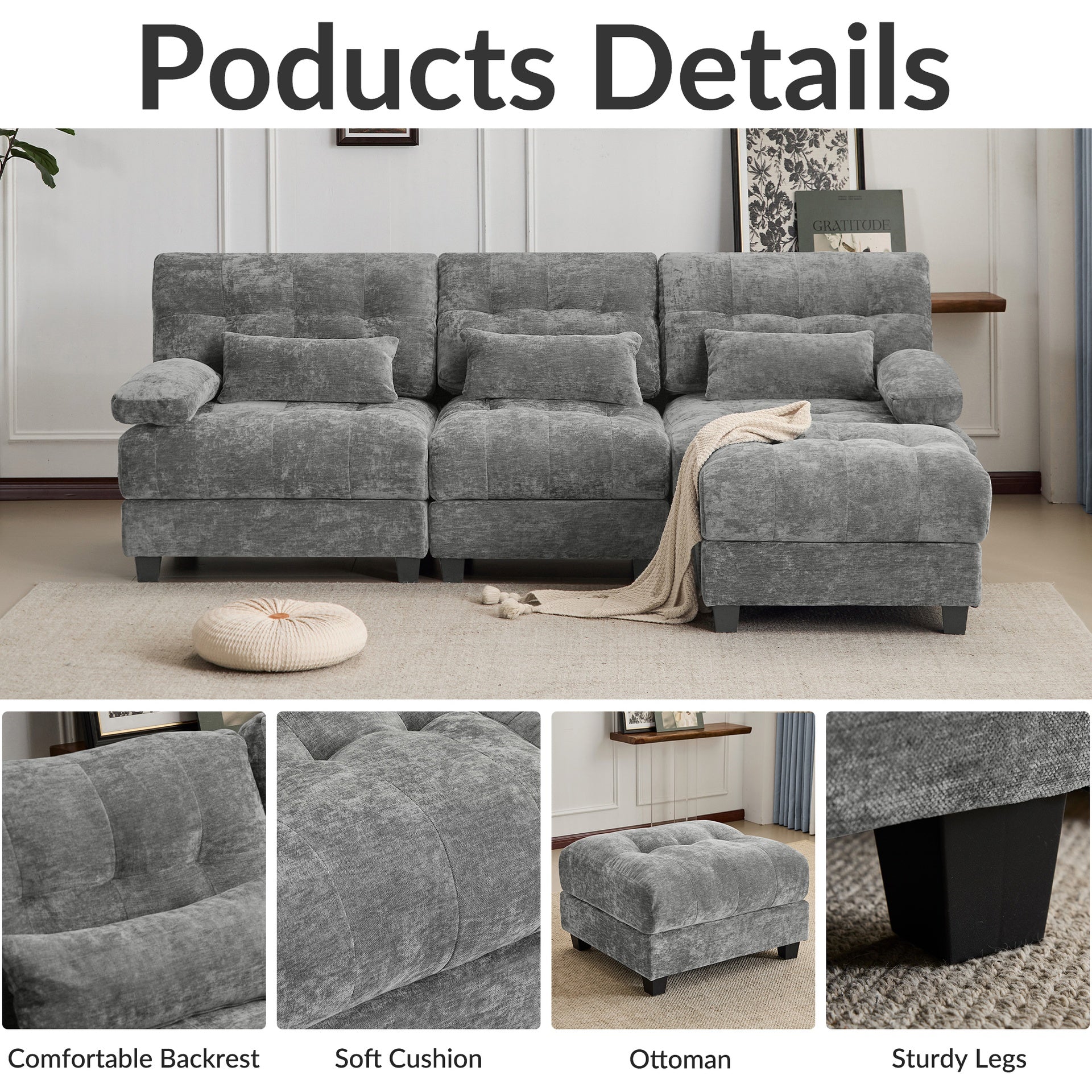 93" 3+1 Seater Sofa with Ottoman - 4-Position Adjustable Backrest, 350lb/Seat, Soft Chenille Fabric, 3 Throw Pillows, Easy Assembly