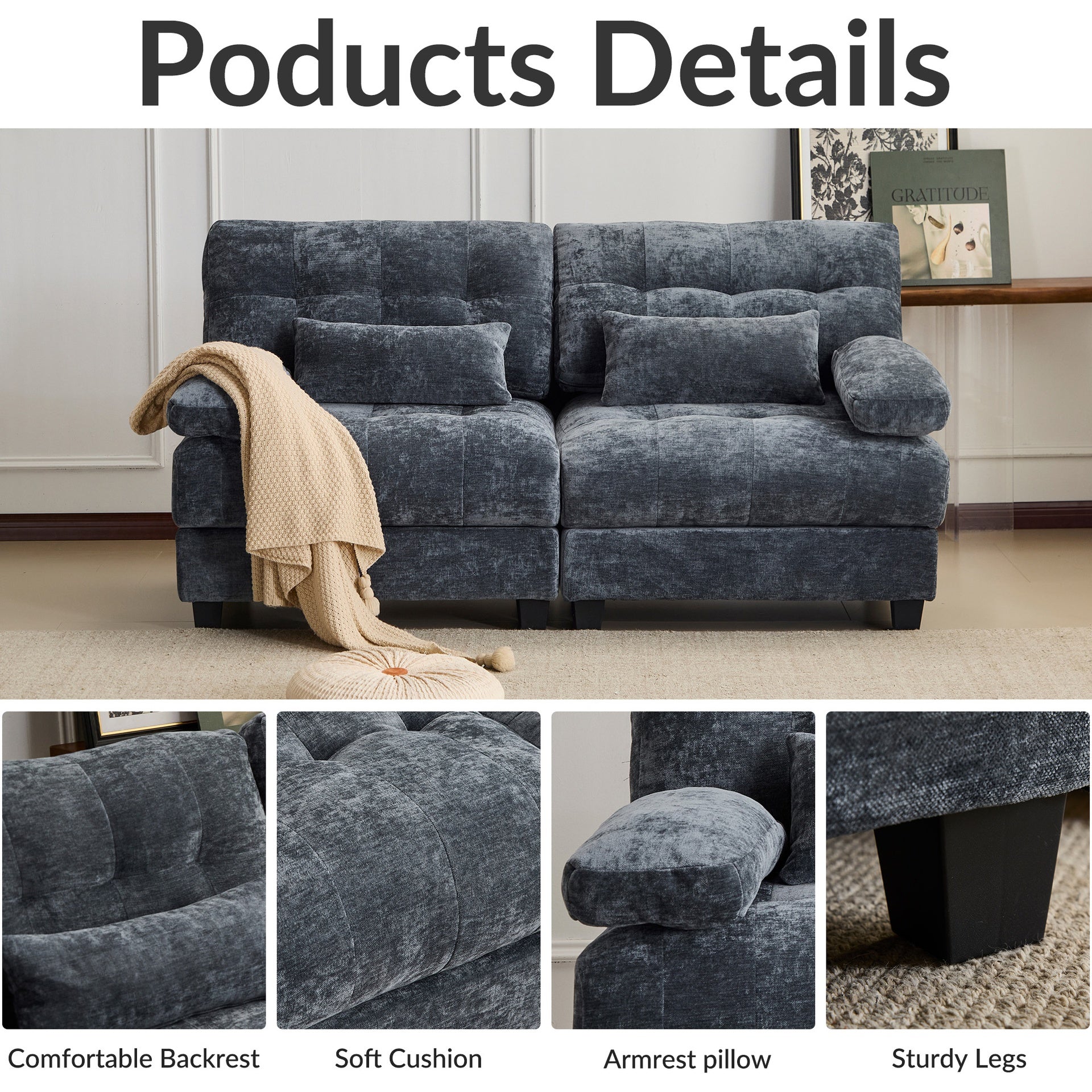 67" Loveseat - 4-Position Adjustable Backrest, 350lb/Seat, Soft Chenille Fabric, 2 Throw Pillows, Easy Assembly