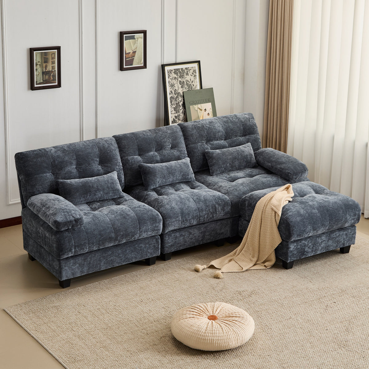 93" 3+1 Seater Sofa with Ottoman - 4-Position Adjustable Backrest, 350lb/Seat, Soft Chenille Fabric, 3 Throw Pillows, Easy Assembly