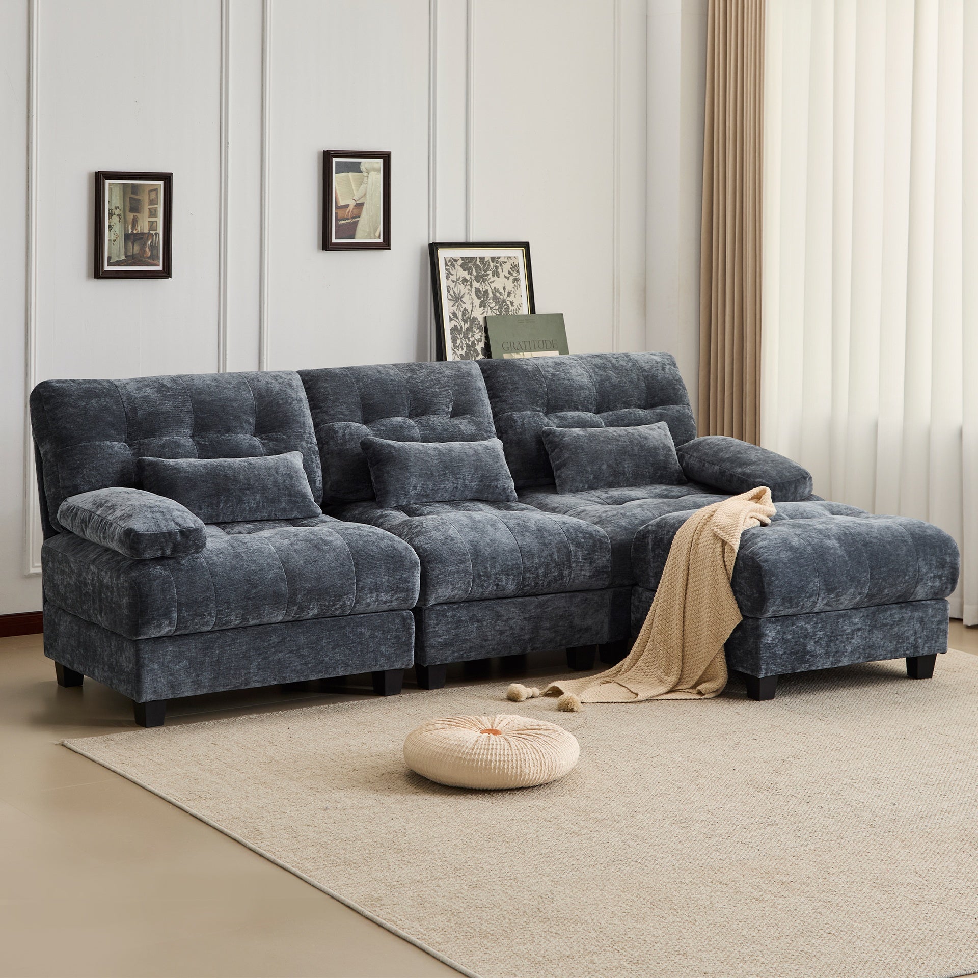 93" 3+1 Seater Sofa with Ottoman - 4-Position Adjustable Backrest, 350lb/Seat, Soft Chenille Fabric, 3 Throw Pillows, Easy Assembly