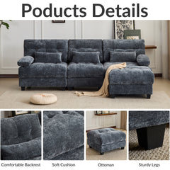 93" 3+1 Seater Sofa with Ottoman - 4-Position Adjustable Backrest, 350lb/Seat, Soft Chenille Fabric, 3 Throw Pillows, Easy Assembly