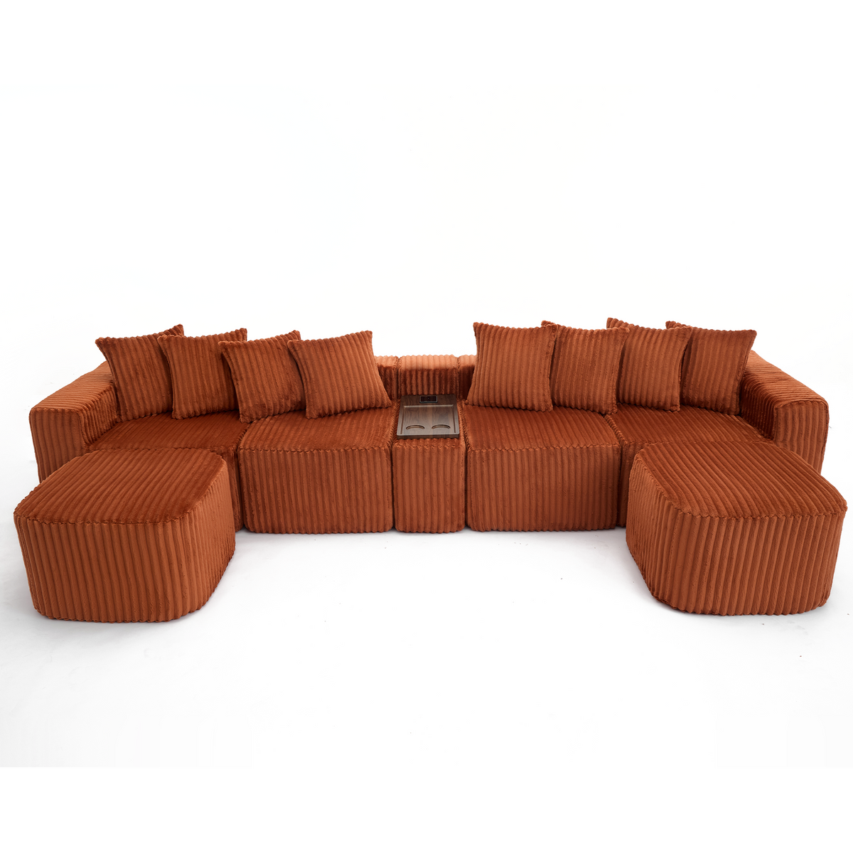 [NEW ARRIVED] [VIDEO PROVIDED] 137.5" U Shaped  Sofa , USB & Wireless Charge, Coffee Table Board With a Cup Holder, Oversize Movable Modular Sofa,Movable Footstool,No Assembly,6 Seats,Corduroy,Orange