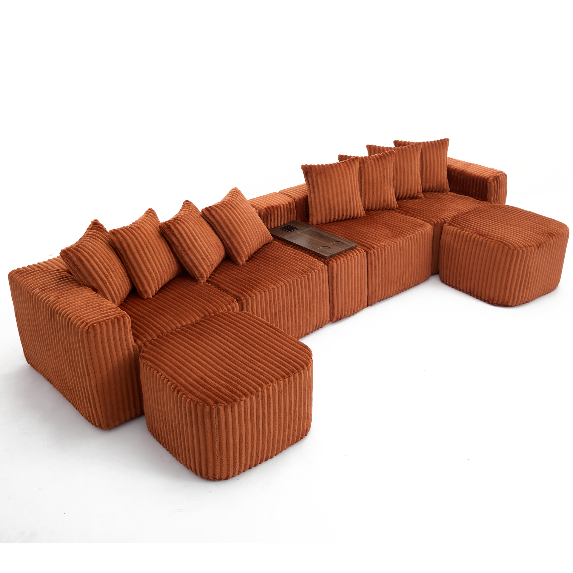 [NEW ARRIVED] [VIDEO PROVIDED] 137.5" U Shaped  Sofa , USB & Wireless Charge, Coffee Table Board With a Cup Holder, Oversize Movable Modular Sofa,Movable Footstool,No Assembly,6 Seats,Corduroy,Orange