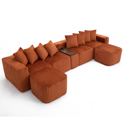 [NEW ARRIVED] [VIDEO PROVIDED] 137.5" U Shaped  Sofa , USB & Wireless Charge, Coffee Table Board With a Cup Holder, Oversize Movable Modular Sofa,Movable Footstool,No Assembly,6 Seats,Corduroy,Orange