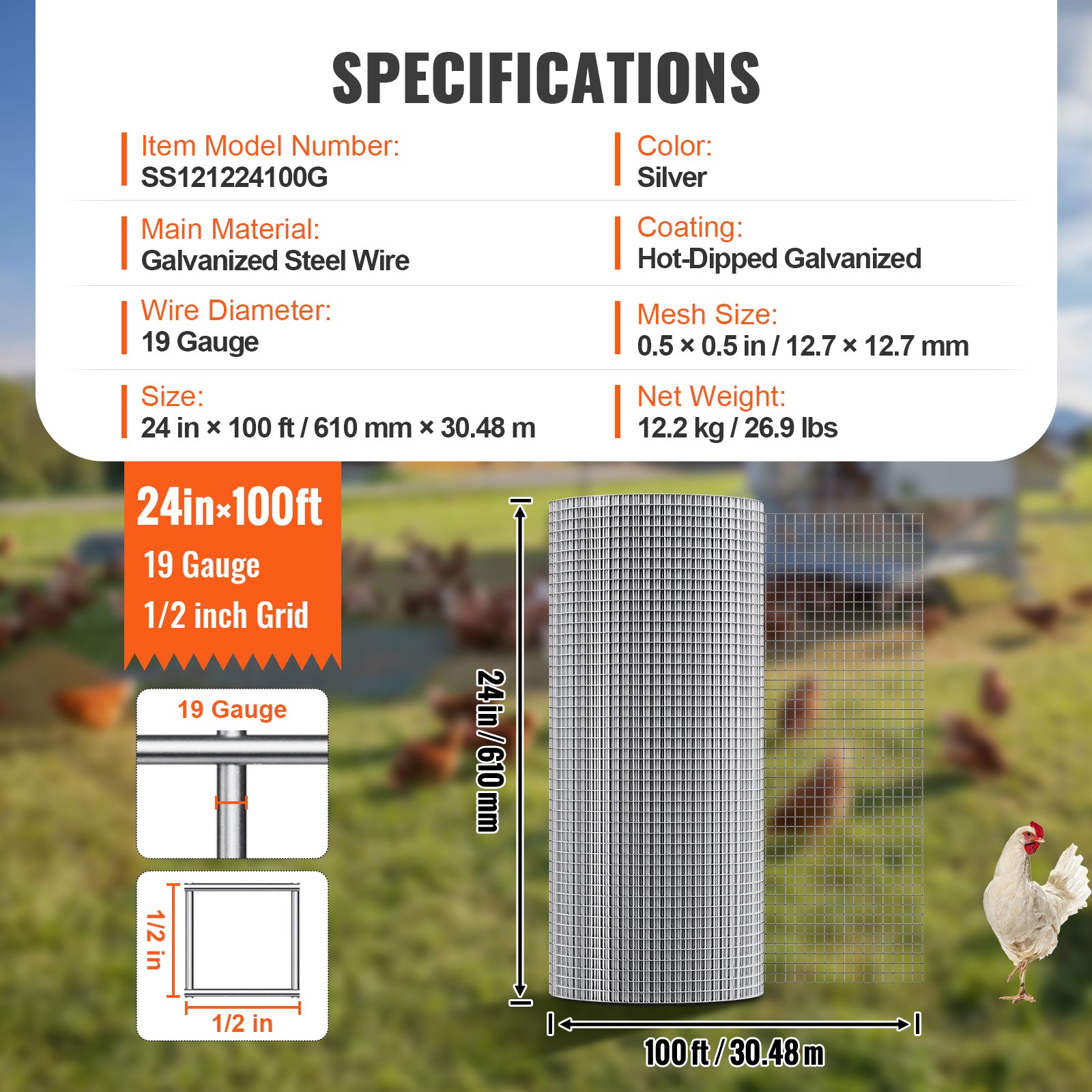 Hardware Cloth, 1/2 inch 24in x 100 ft 19 Gauge, Hot Dipped Galvanized Wire Mesh Roll, Chicken Wire Fencing, Wire Mesh for Rabbit Cages, Garden, Small Rodents