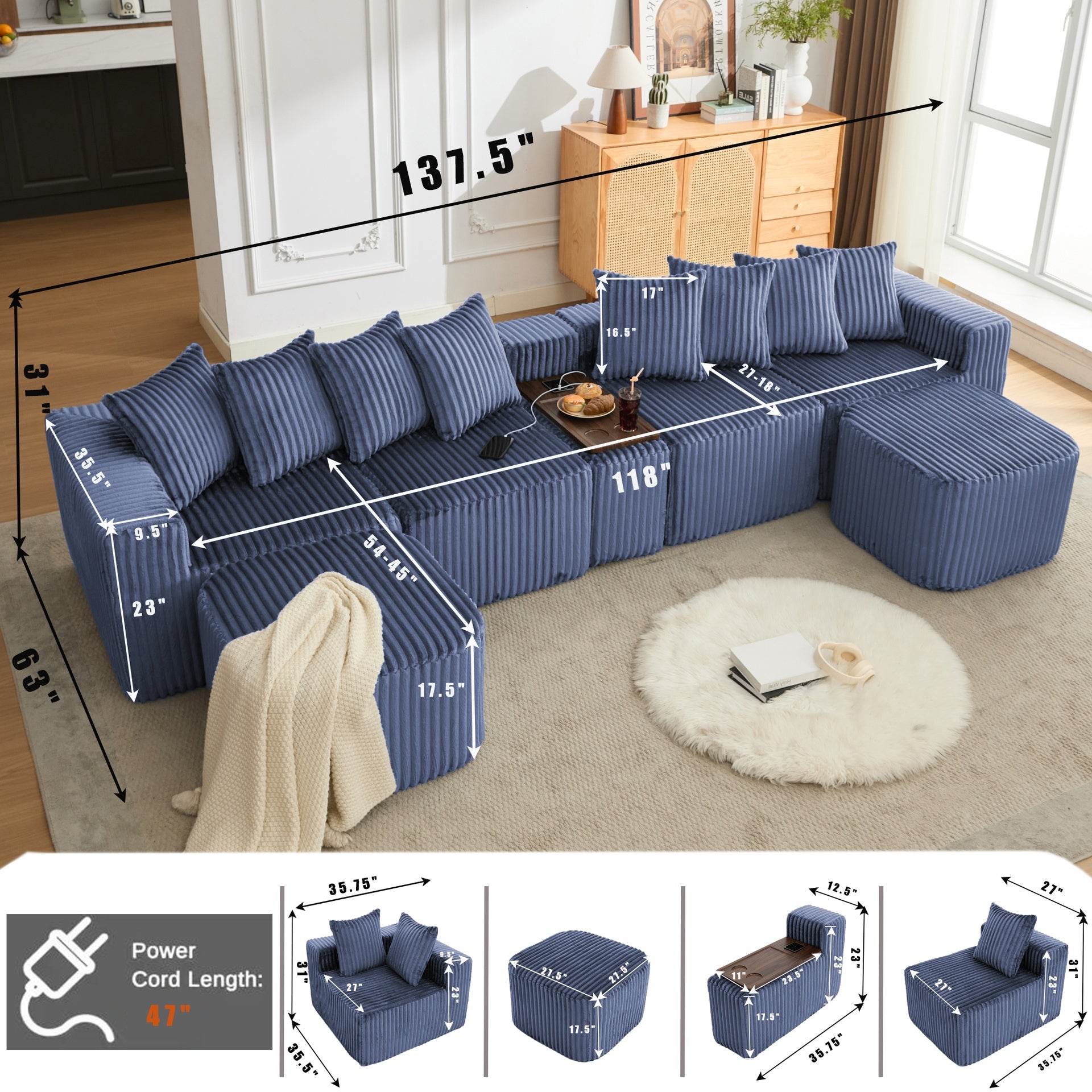 [NEW ARRIVED] [VIDEO PROVIDED] 137.5" U Shaped  Sofa , USB & Wireless Charge, Coffee Table Board With a Cup Holder, Oversize Movable Modular Sofa,Movable Footstool,No Assembly,6 Seats,Corduroy,Blue