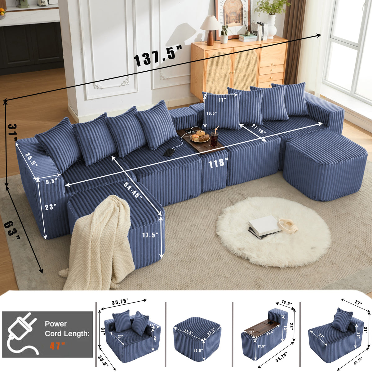 [NEW ARRIVED] [VIDEO PROVIDED] 137.5" U Shaped  Sofa , USB & Wireless Charge, Coffee Table Board With a Cup Holder, Oversize Movable Modular Sofa,Movable Footstool,No Assembly,6 Seats,Corduroy,Blue