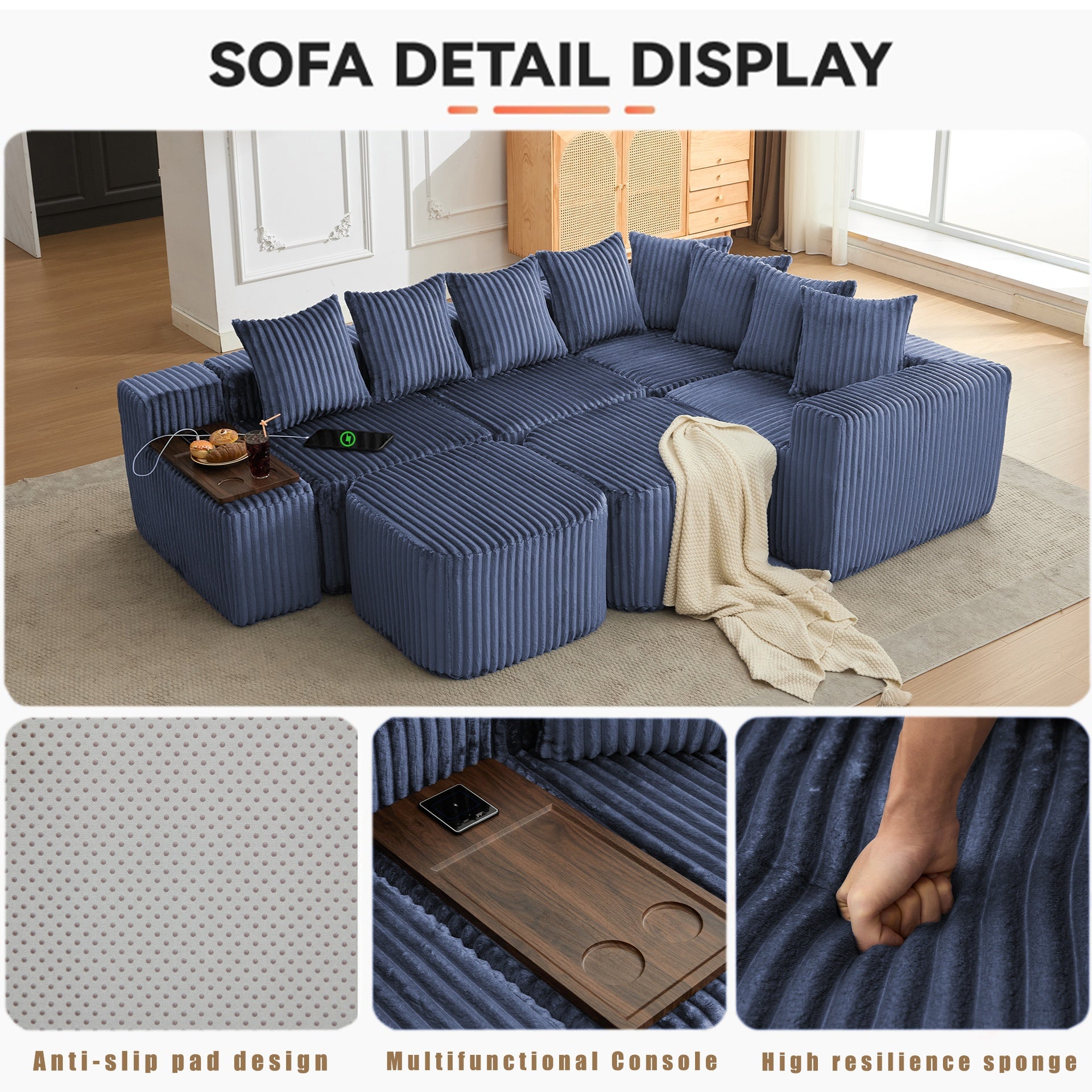 [NEW ARRIVED] [VIDEO PROVIDED] 137.5" U Shaped  Sofa , USB & Wireless Charge, Coffee Table Board With a Cup Holder, Oversize Movable Modular Sofa,Movable Footstool,No Assembly,6 Seats,Corduroy,Blue