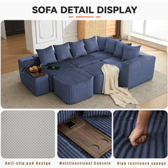 [NEW ARRIVED] [VIDEO PROVIDED] 137.5" U Shaped  Sofa , USB & Wireless Charge, Coffee Table Board With a Cup Holder, Oversize Movable Modular Sofa,Movable Footstool,No Assembly,6 Seats,Corduroy,Blue
