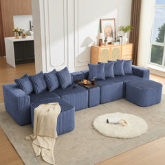 [NEW ARRIVED] [VIDEO PROVIDED] 137.5" U Shaped  Sofa , USB & Wireless Charge, Coffee Table Board With a Cup Holder, Oversize Movable Modular Sofa,Movable Footstool,No Assembly,6 Seats,Corduroy,Blue