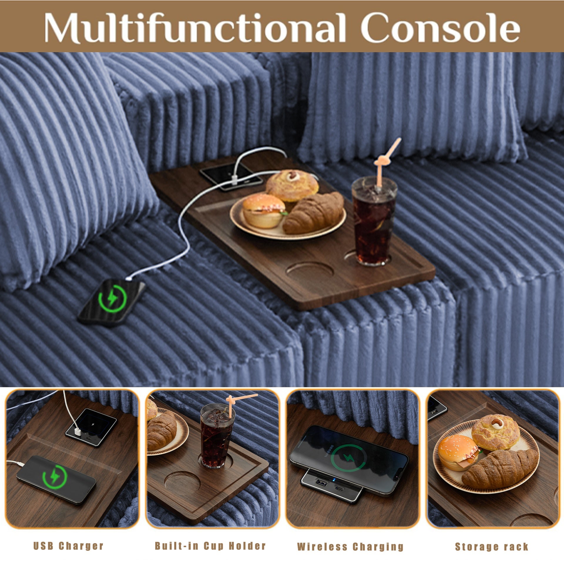 [NEW ARRIVED] [VIDEO PROVIDED] 137.5" U Shaped  Sofa , USB & Wireless Charge, Coffee Table Board With a Cup Holder, Oversize Movable Modular Sofa,Movable Footstool,No Assembly,6 Seats,Corduroy,Blue