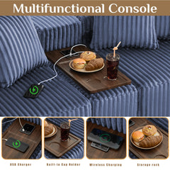 [NEW ARRIVED] [VIDEO PROVIDED] 137.5" U Shaped  Sofa , USB & Wireless Charge, Coffee Table Board With a Cup Holder, Oversize Movable Modular Sofa,Movable Footstool,No Assembly,6 Seats,Corduroy,Blue