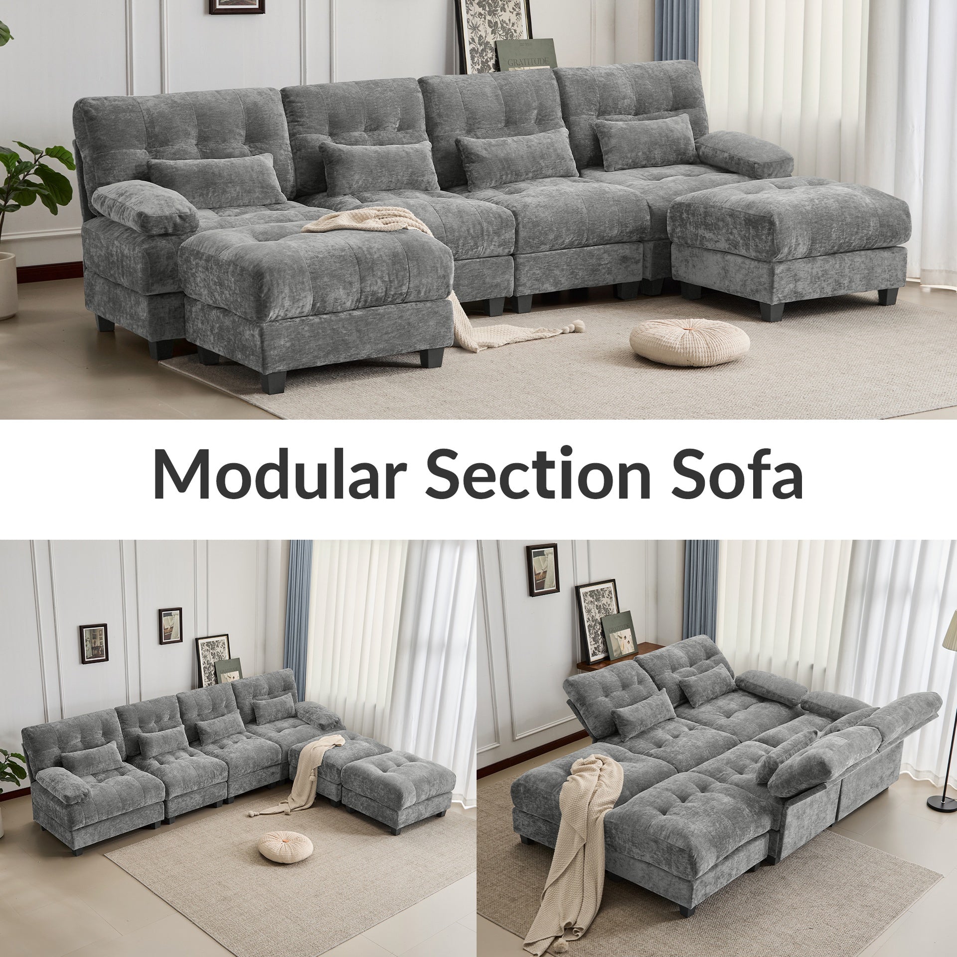 119" 4-Seater Sofa with 2 Ottomans - 4-Position Adjustable Backrest, 350lb/Seat, Soft Chenille Fabric, 4 Throw Pillows, Easy Assembly