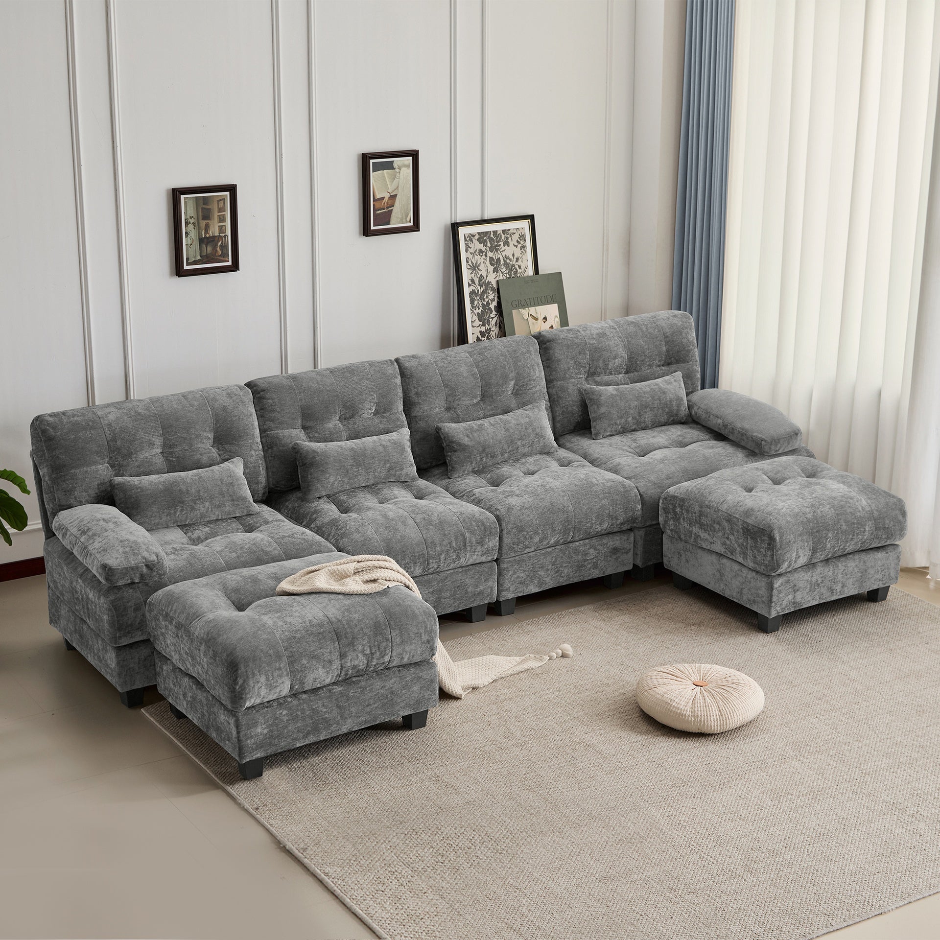 119" 4-Seater Sofa with 2 Ottomans - 4-Position Adjustable Backrest, 350lb/Seat, Soft Chenille Fabric, 4 Throw Pillows, Easy Assembly