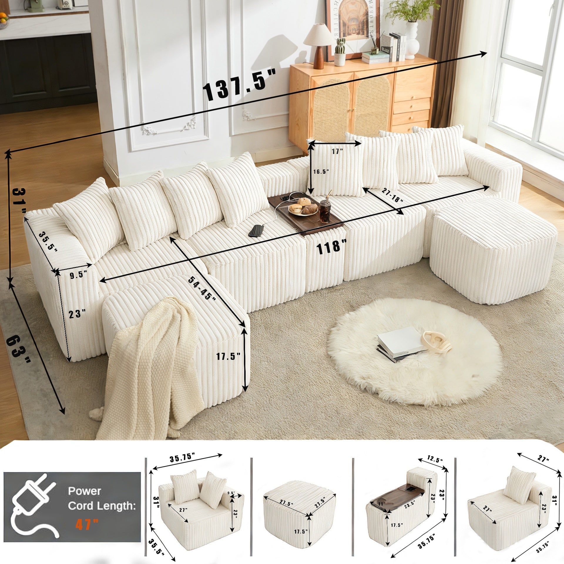 [NEW ARRIVED] [VIDEO PROVIDED] 137.5" U Shaped  Sofa , USB & Wireless Charge, Coffee Table Board With a Cup Holder, Oversize Movable Modular Sofa,Movable Footstool,No Assembly,6 Seats,Corduroy,Beige