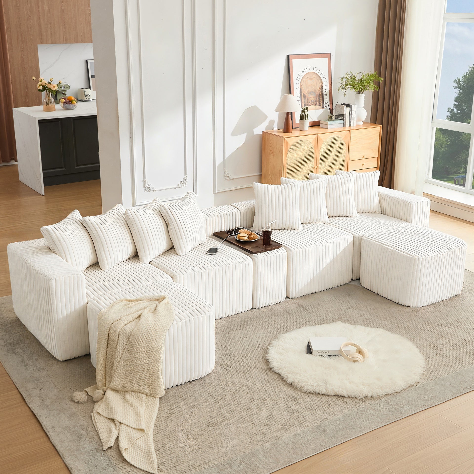 [NEW ARRIVED] [VIDEO PROVIDED] 137.5" U Shaped  Sofa , USB & Wireless Charge, Coffee Table Board With a Cup Holder, Oversize Movable Modular Sofa,Movable Footstool,No Assembly,6 Seats,Corduroy,Beige
