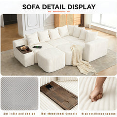 [NEW ARRIVED] [VIDEO PROVIDED] 137.5" U Shaped  Sofa , USB & Wireless Charge, Coffee Table Board With a Cup Holder, Oversize Movable Modular Sofa,Movable Footstool,No Assembly,6 Seats,Corduroy,Beige