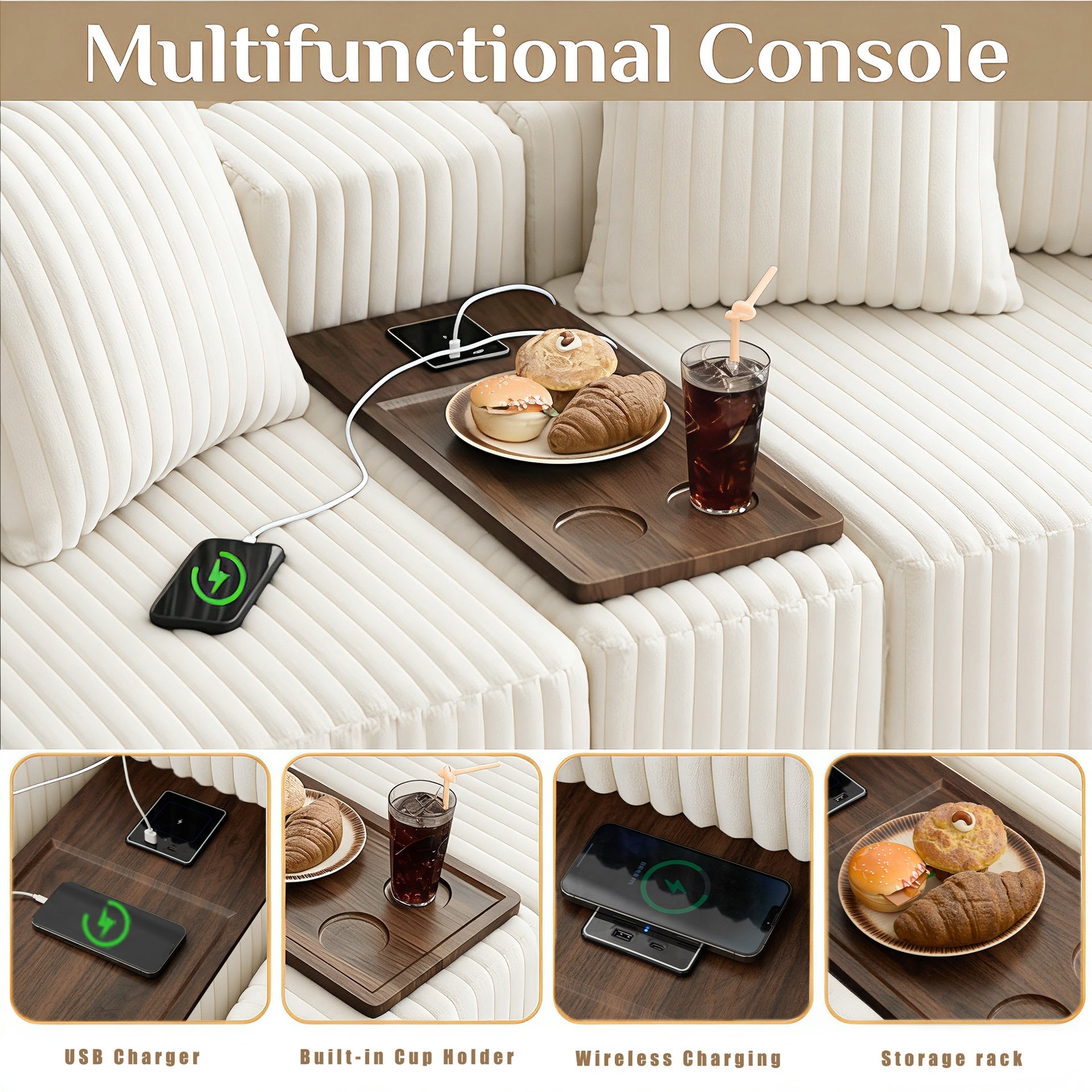 [NEW ARRIVED] [VIDEO PROVIDED] 137.5" U Shaped  Sofa , USB & Wireless Charge, Coffee Table Board With a Cup Holder, Oversize Movable Modular Sofa,Movable Footstool,No Assembly,6 Seats,Corduroy,Beige