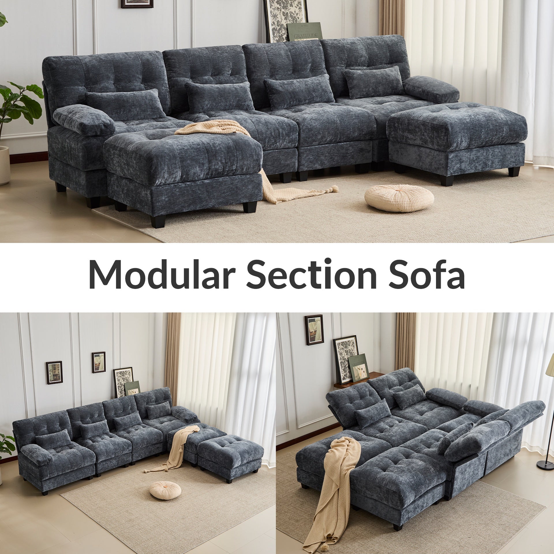 119" 4-Seater Sofa with 2 Ottomans - 4-Position Adjustable Backrest, 350lb/Seat, Soft Chenille Fabric, 4 Throw Pillows, Easy Assembly